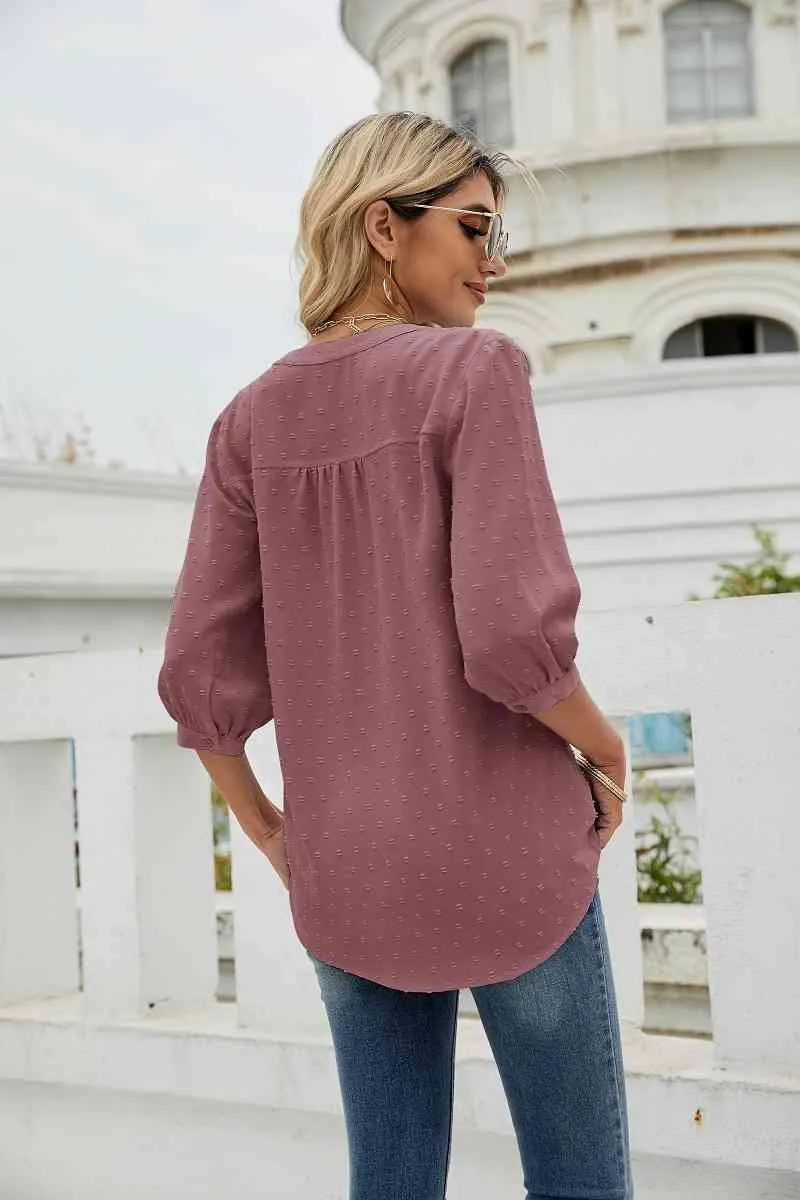 Swiss Dot Notched Neck Three-Quarter Sleeve Blouse (9 Colors)