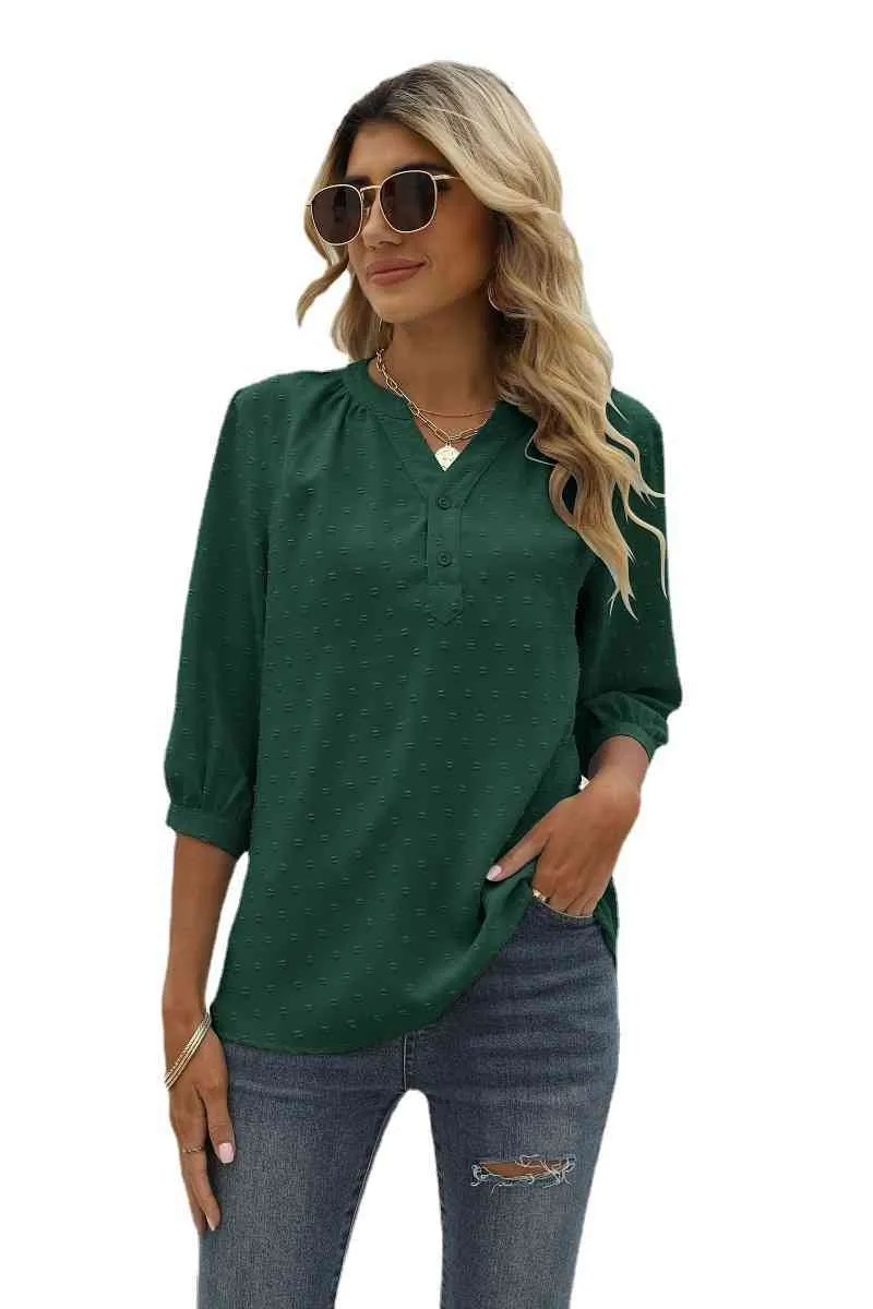 Swiss Dot Notched Neck Three-Quarter Sleeve Blouse (9 Colors)