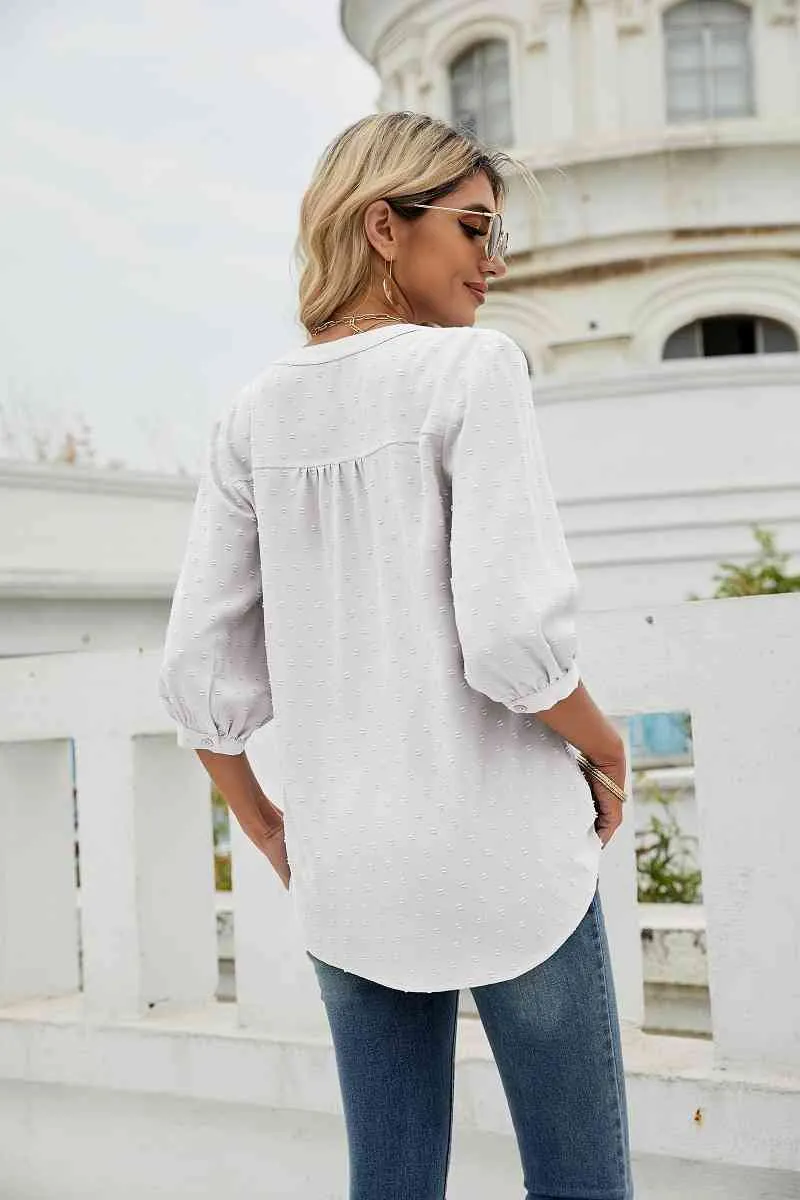 Swiss Dot Notched Neck Three-Quarter Sleeve Blouse (9 Colors)