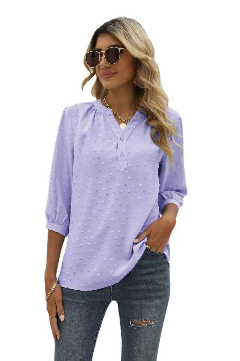 Swiss Dot Notched Neck Three-Quarter Sleeve Blouse (9 Colors)
