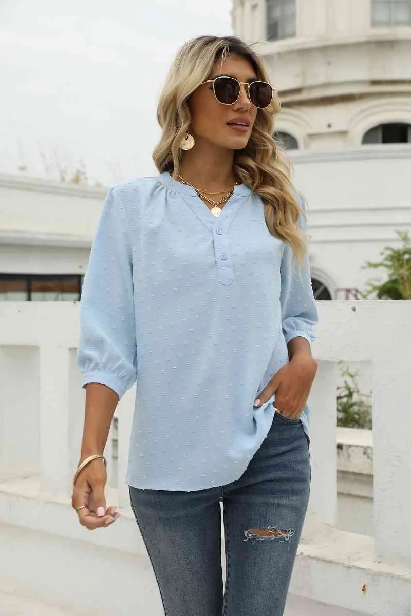 Swiss Dot Notched Neck Three-Quarter Sleeve Blouse (9 Colors)