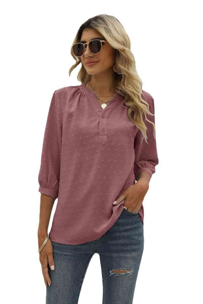 Swiss Dot Notched Neck Three-Quarter Sleeve Blouse (9 Colors)