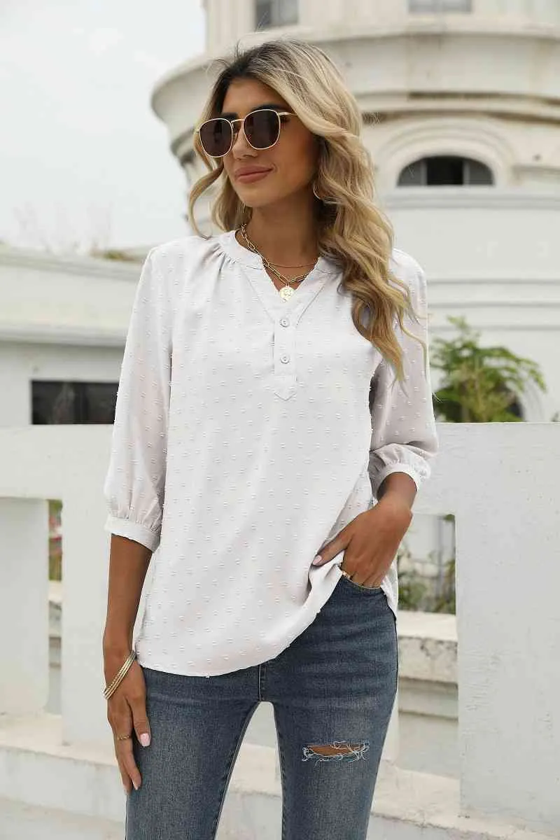 Swiss Dot Notched Neck Three-Quarter Sleeve Blouse (9 Colors)