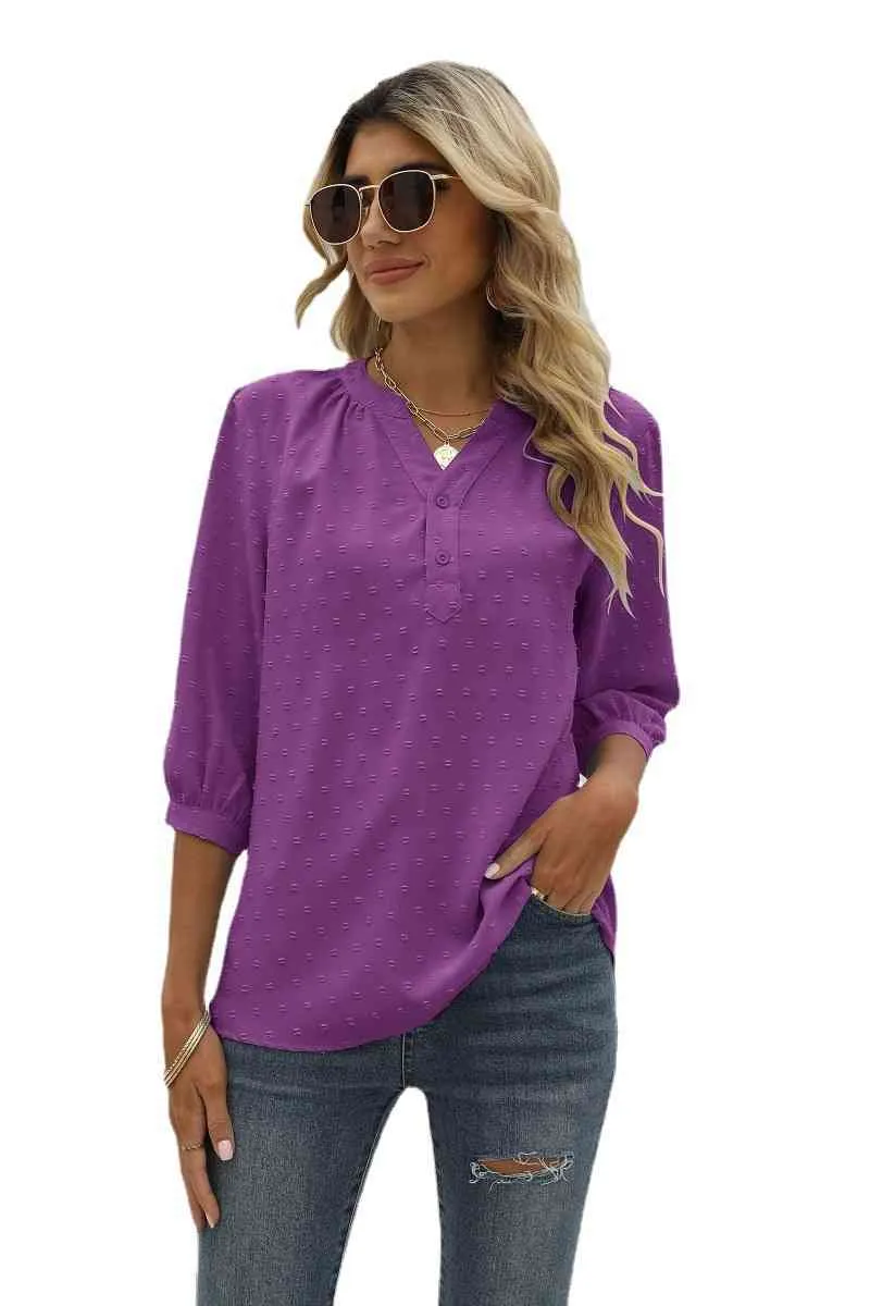 Swiss Dot Notched Neck Three-Quarter Sleeve Blouse (9 Colors)