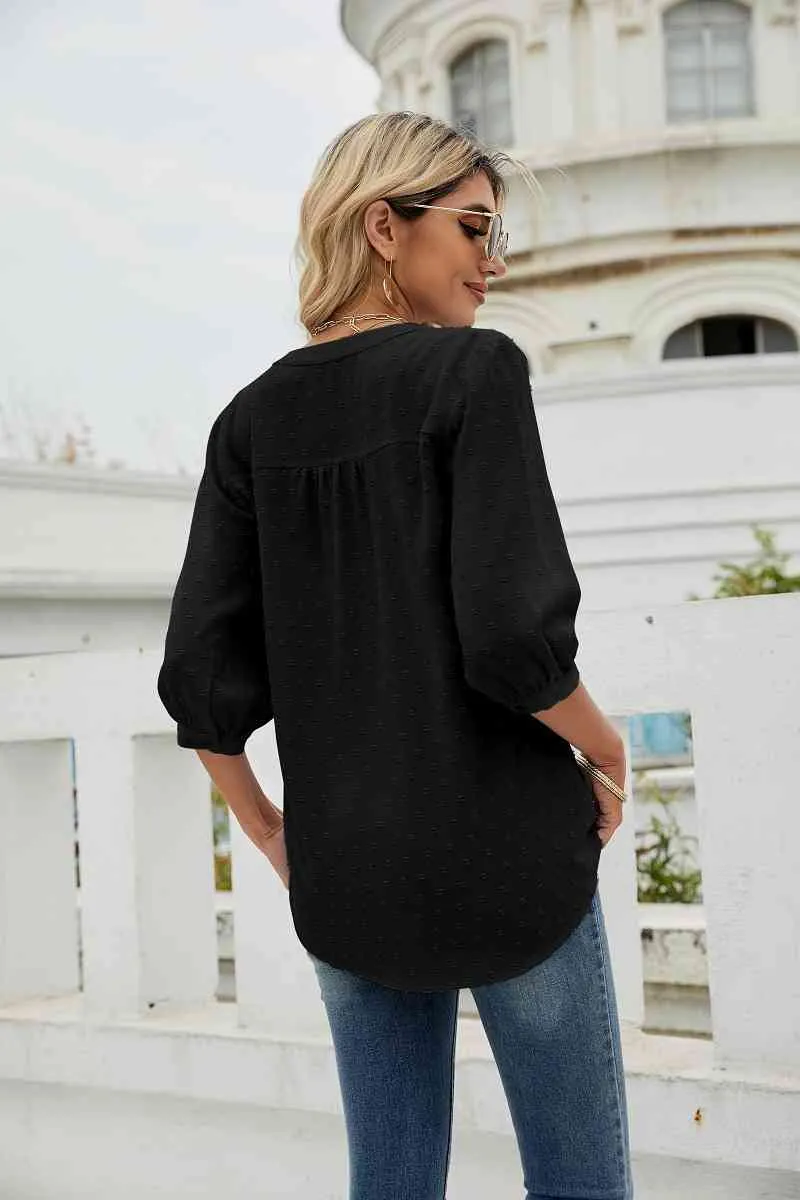 Swiss Dot Notched Neck Three-Quarter Sleeve Blouse (9 Colors)