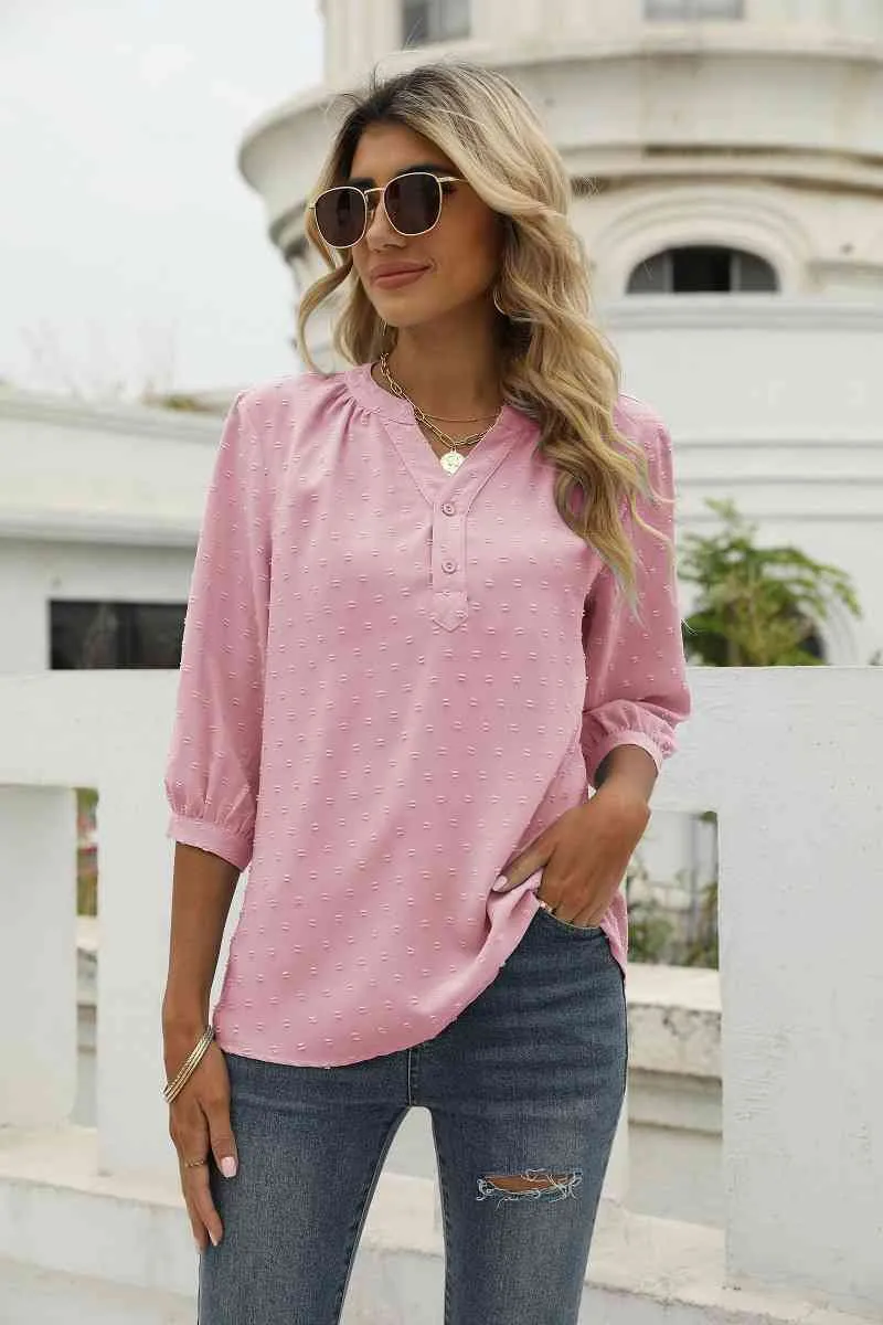 Swiss Dot Notched Neck Three-Quarter Sleeve Blouse (9 Colors)