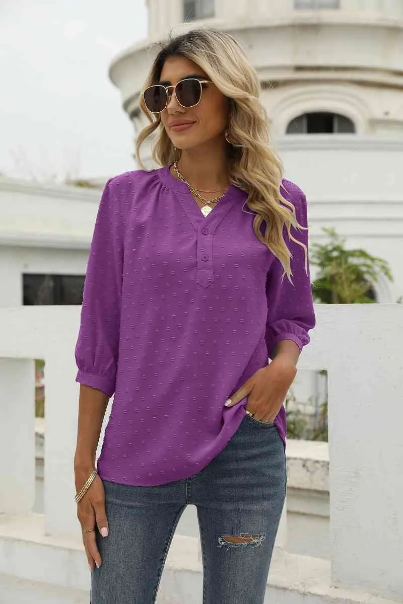 Swiss Dot Notched Neck Three-Quarter Sleeve Blouse (9 Colors)