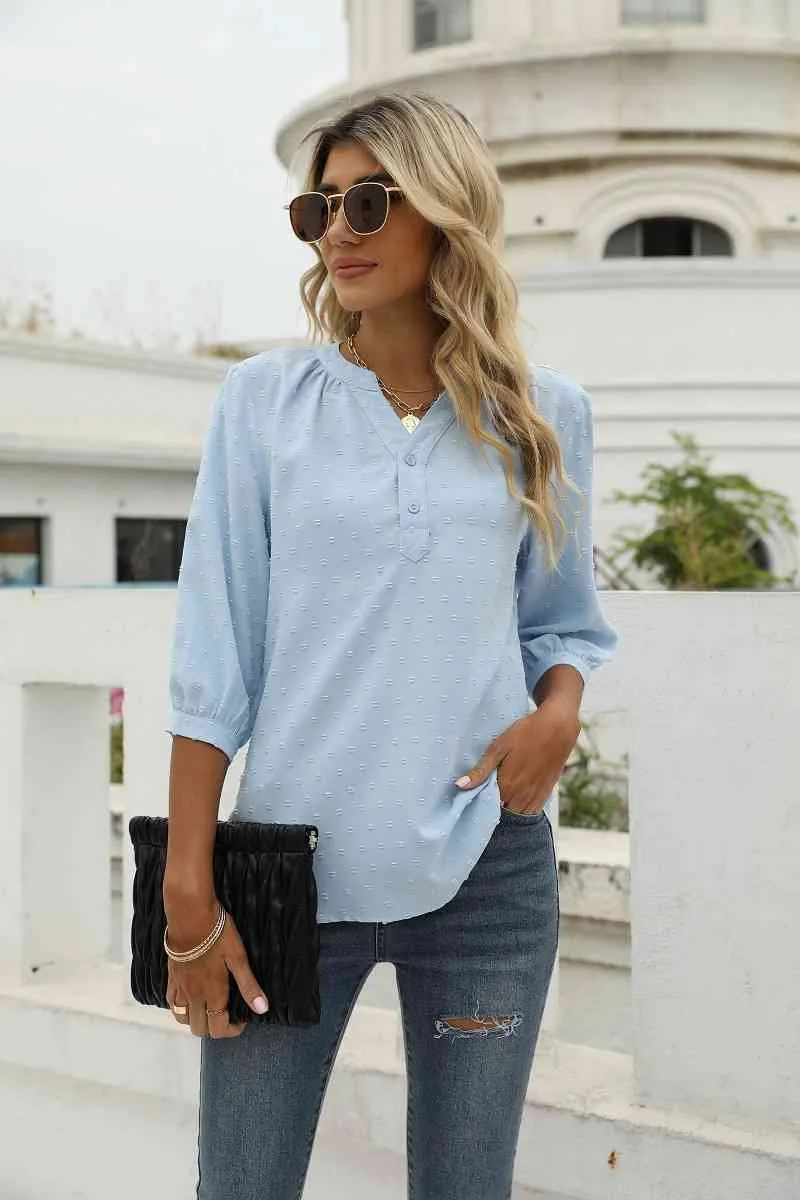 Swiss Dot Notched Neck Three-Quarter Sleeve Blouse (9 Colors)