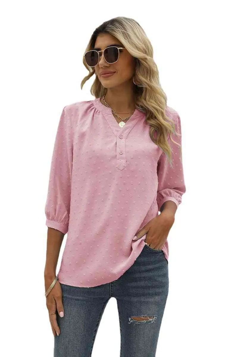 Swiss Dot Notched Neck Three-Quarter Sleeve Blouse (9 Colors)