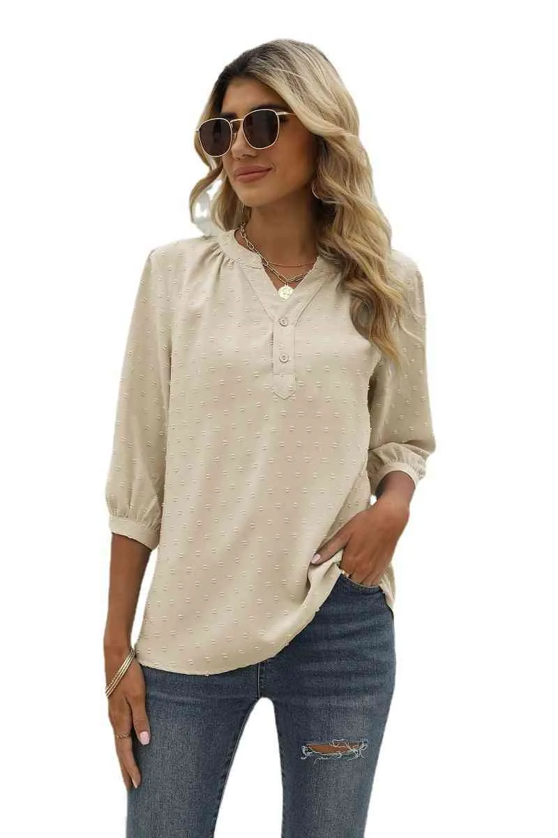 Swiss Dot Notched Neck Three-Quarter Sleeve Blouse (9 Colors)