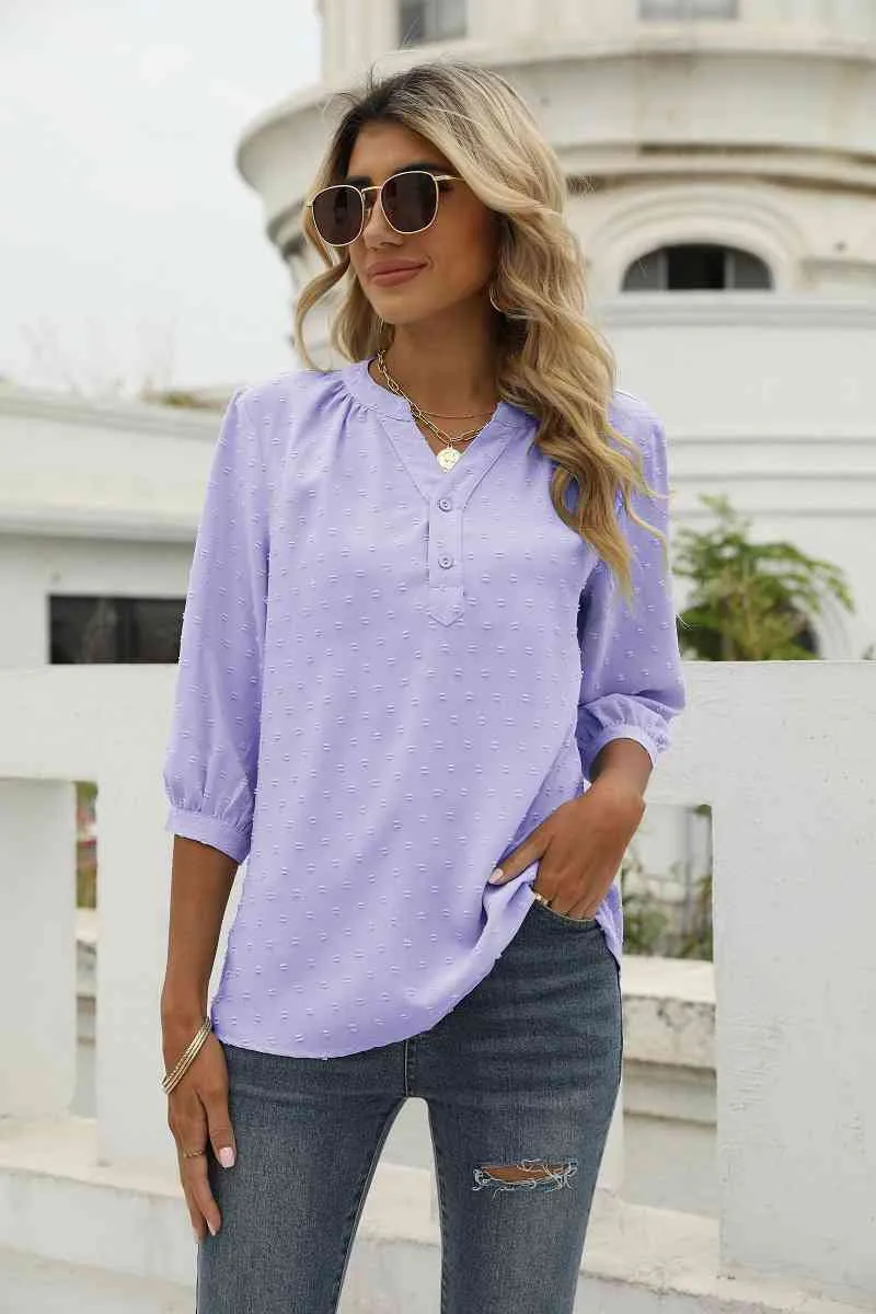 Swiss Dot Notched Neck Three-Quarter Sleeve Blouse (9 Colors)