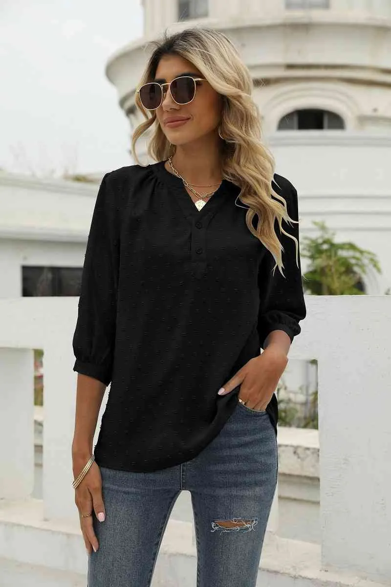 Swiss Dot Notched Neck Three-Quarter Sleeve Blouse (9 Colors)
