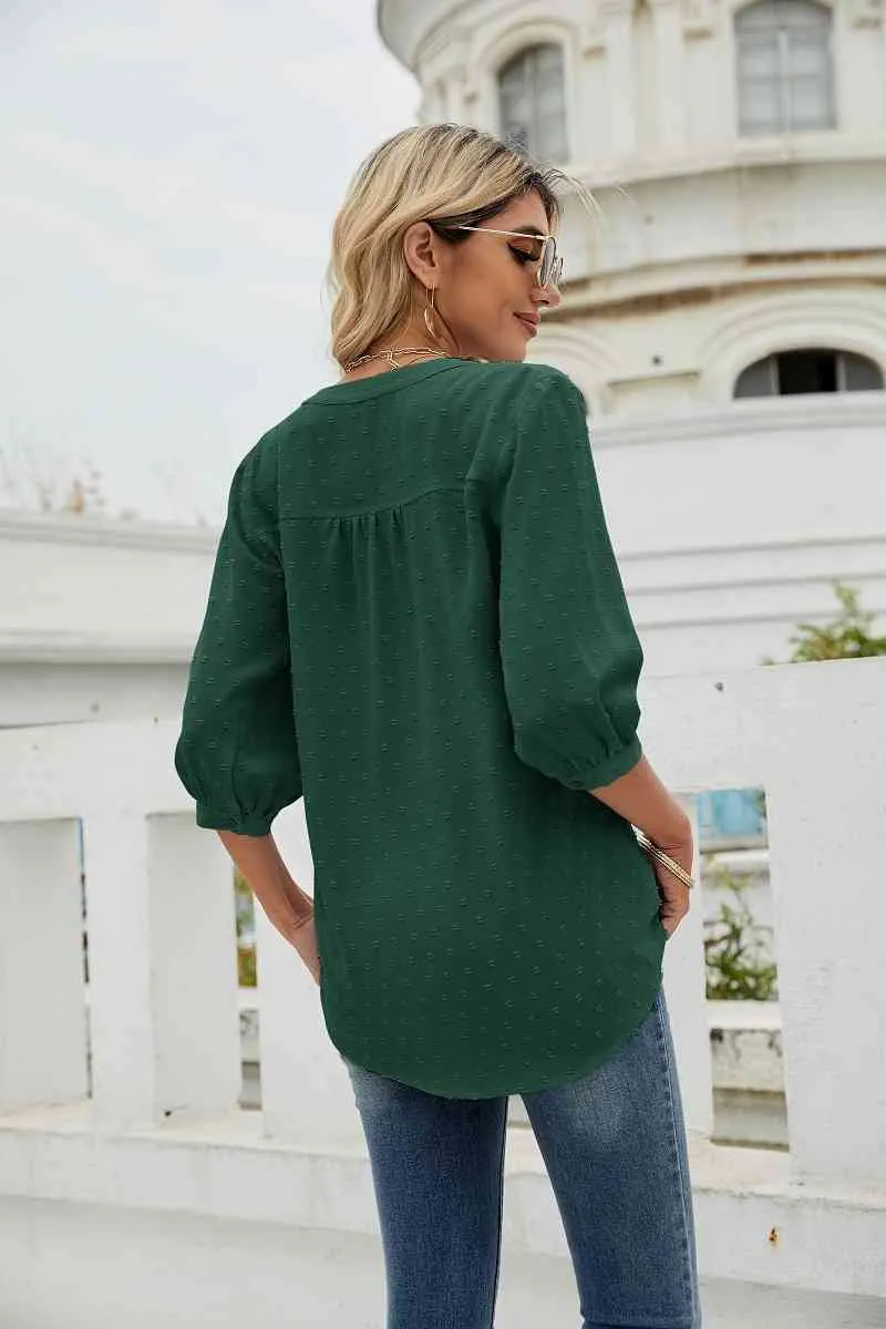 Swiss Dot Notched Neck Three-Quarter Sleeve Blouse (9 Colors)
