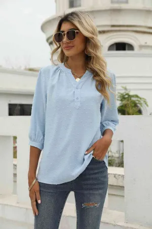 Swiss Dot Notched Neck Three-Quarter Sleeve Blouse (9 Colors)