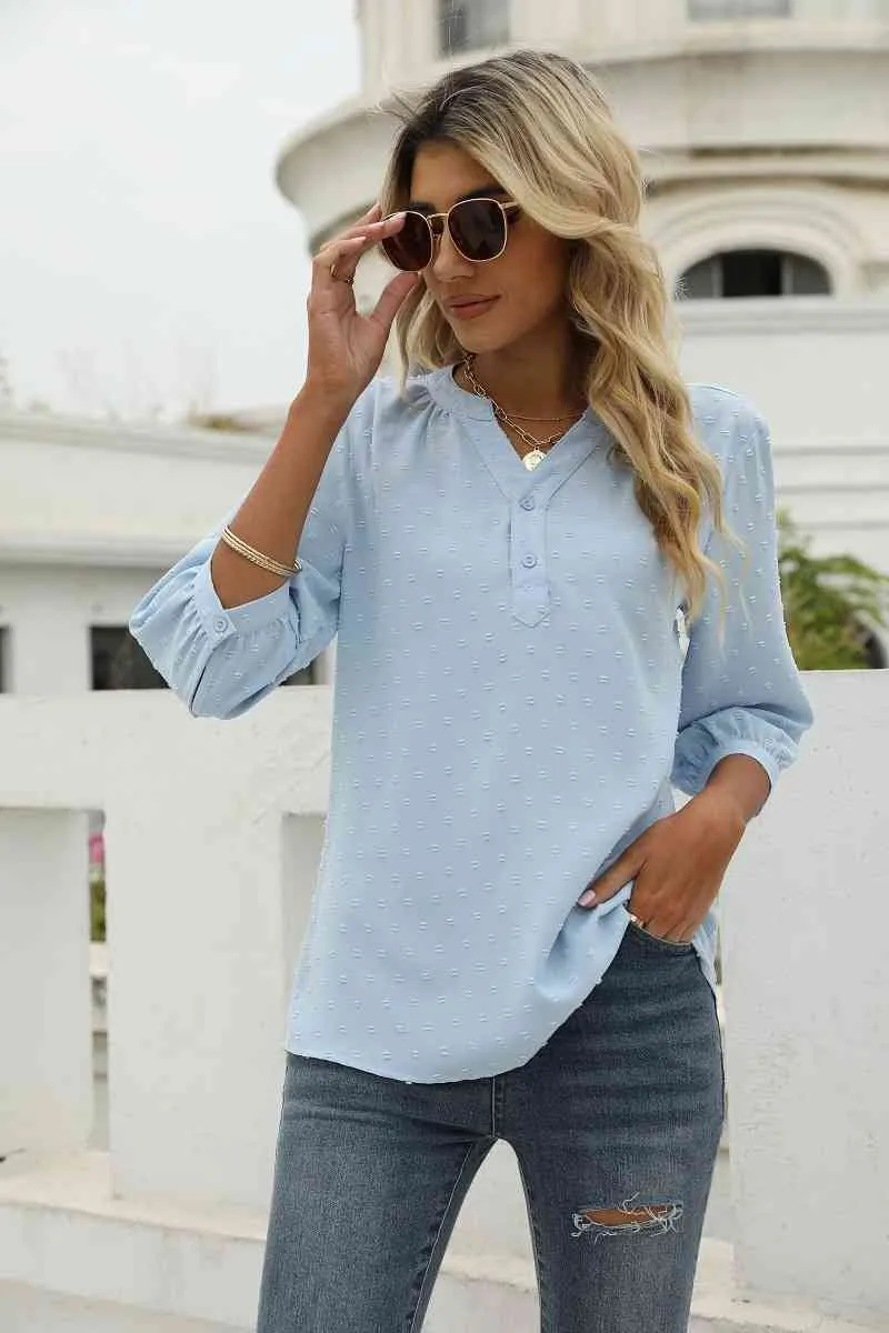 Swiss Dot Notched Neck Three-Quarter Sleeve Blouse (9 Colors)