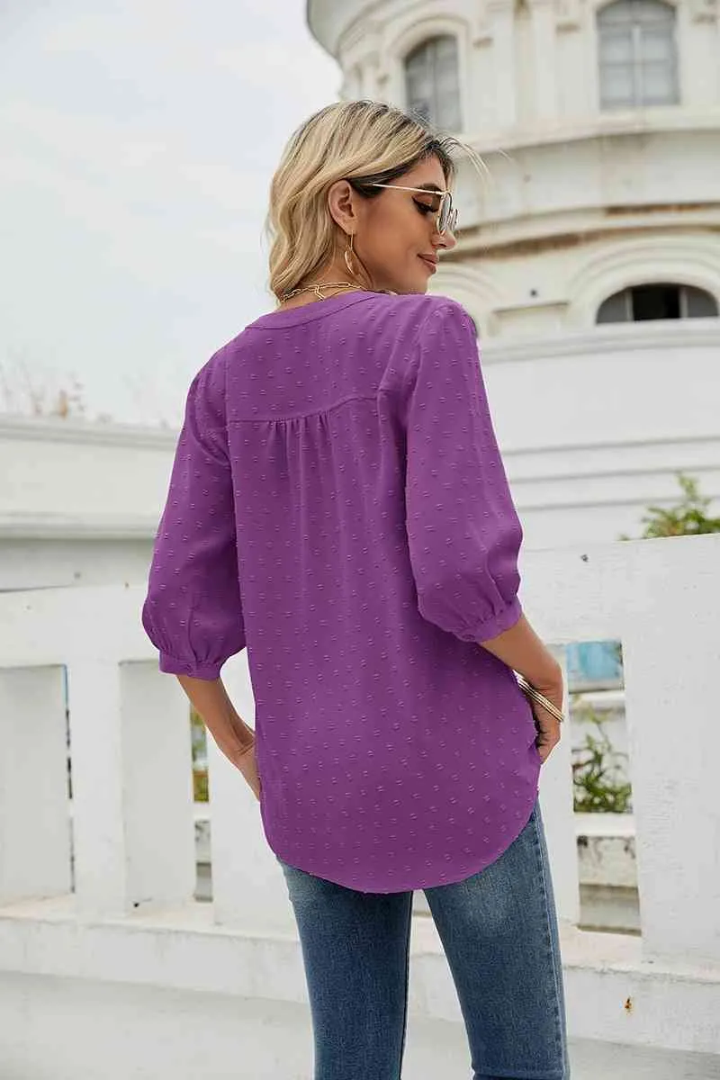 Swiss Dot Notched Neck Three-Quarter Sleeve Blouse (9 Colors)