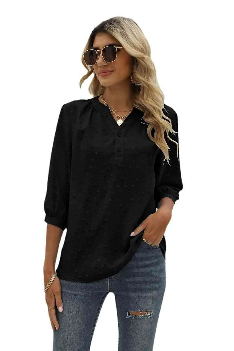 Swiss Dot Notched Neck Three-Quarter Sleeve Blouse (9 Colors)