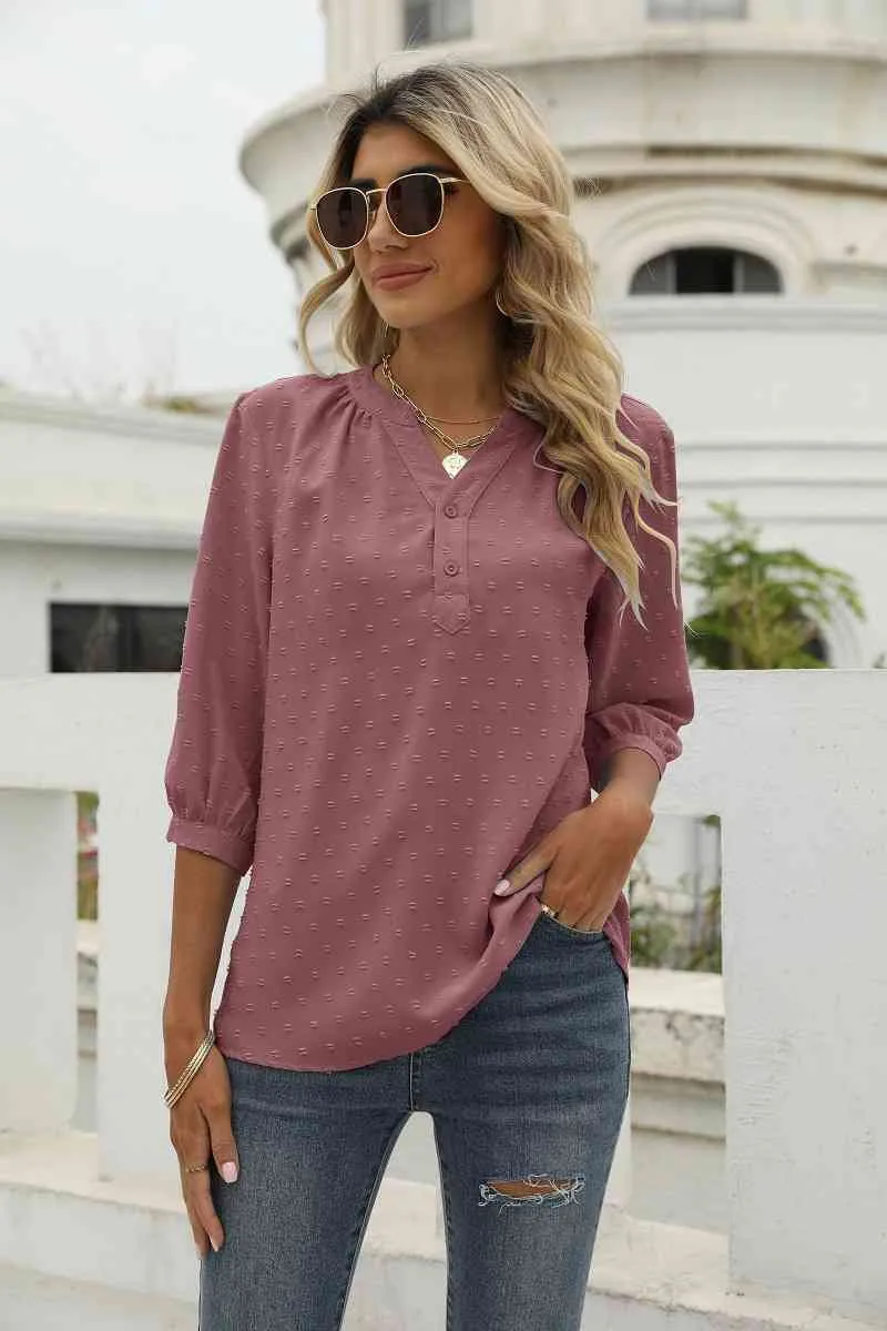 Swiss Dot Notched Neck Three-Quarter Sleeve Blouse (9 Colors)