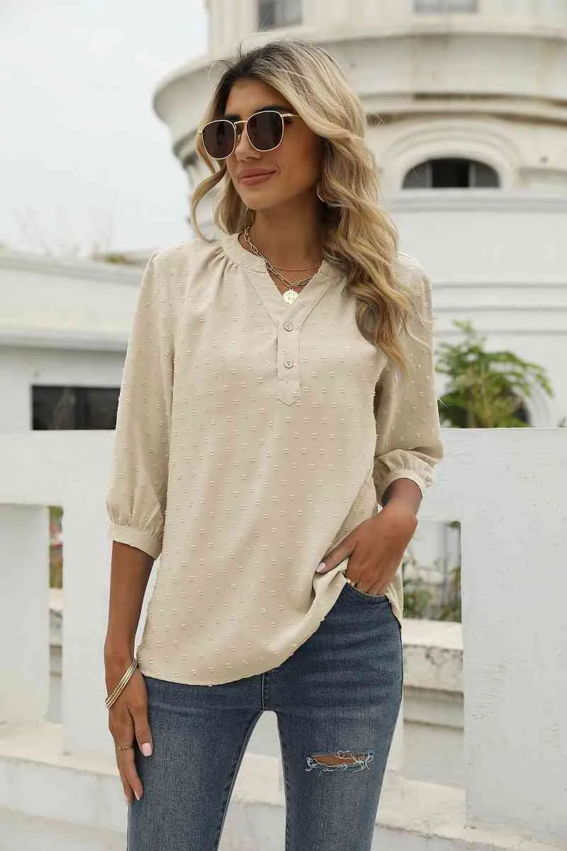 Swiss Dot Notched Neck Three-Quarter Sleeve Blouse (9 Colors)
