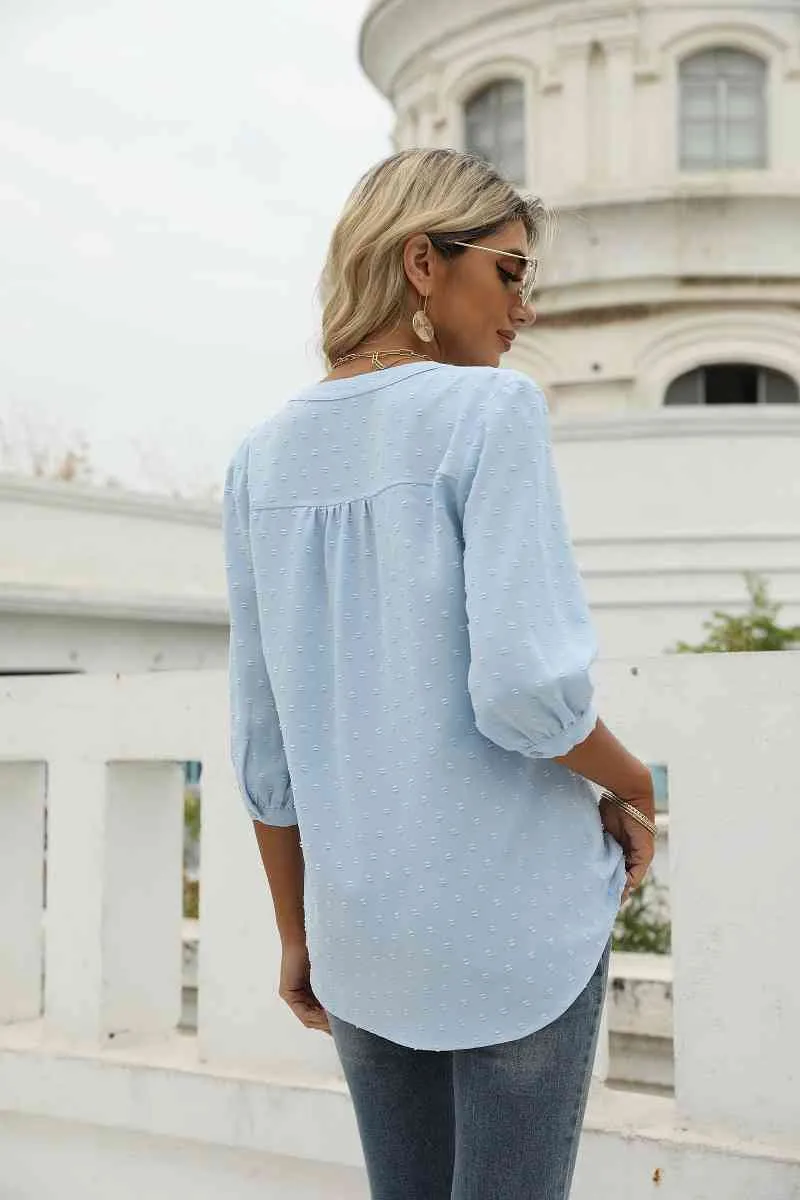 Swiss Dot Notched Neck Three-Quarter Sleeve Blouse (9 Colors)