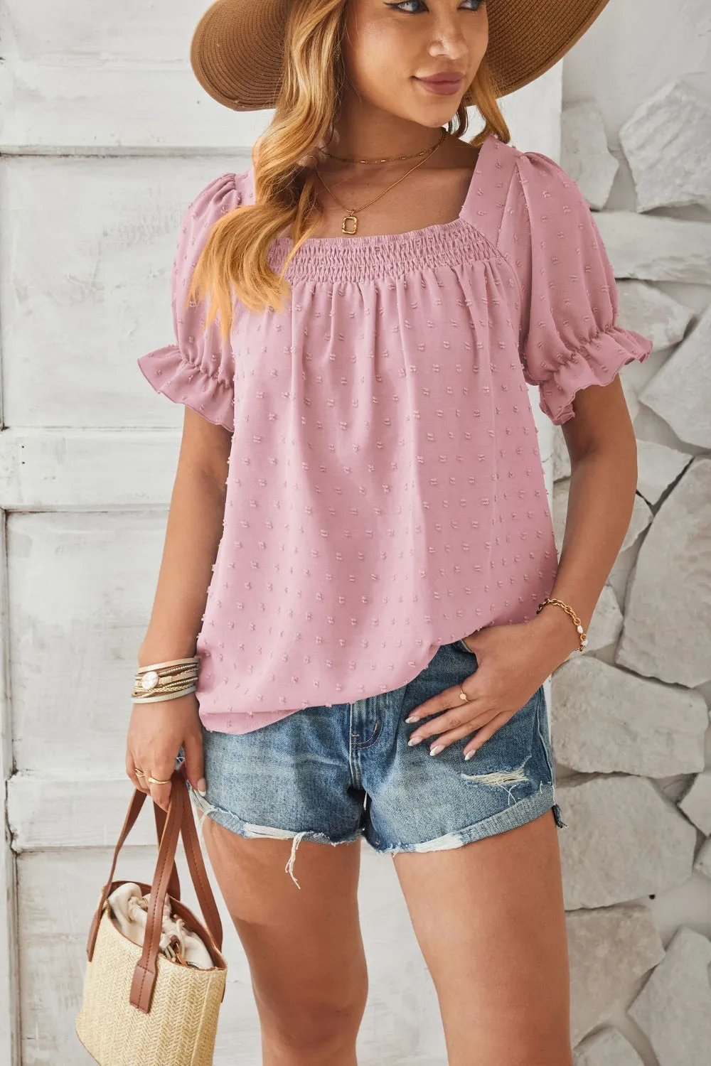 Swiss Dot Smocked Square Neck Short Sleeve Top (5 Colors)