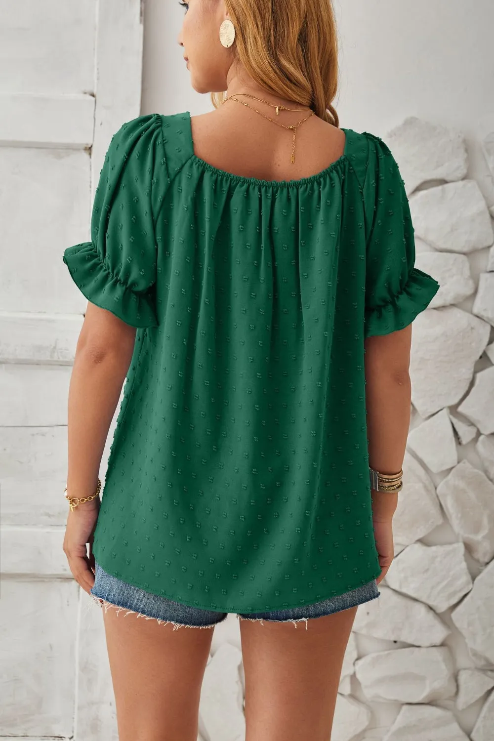 Swiss Dot Smocked Square Neck Short Sleeve Top (5 Colors)