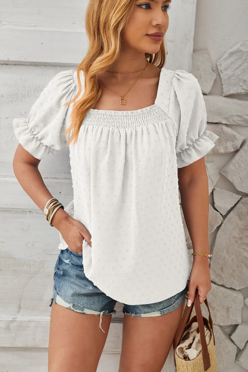 Swiss Dot Smocked Square Neck Short Sleeve Top (5 Colors)