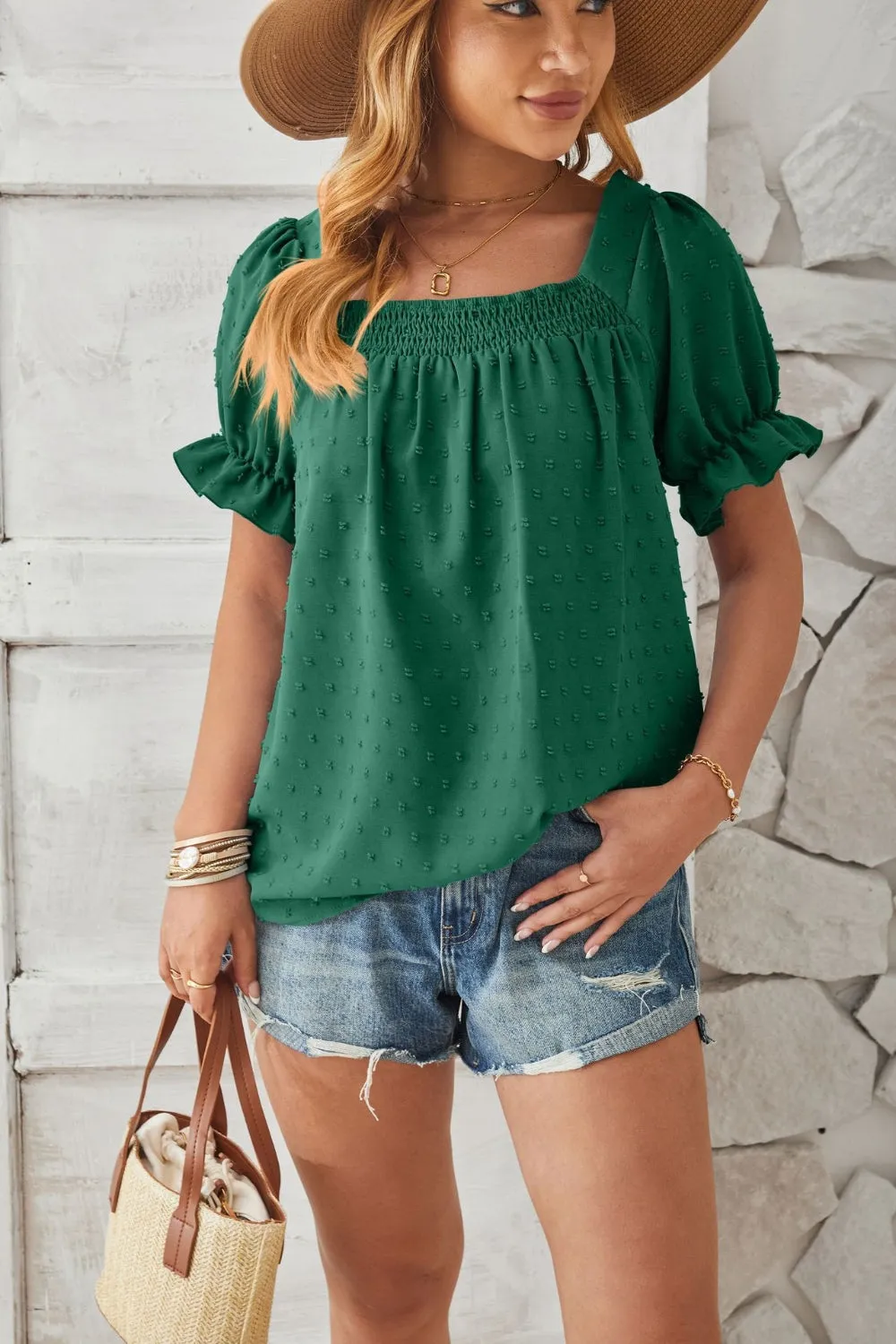 Swiss Dot Smocked Square Neck Short Sleeve Top (5 Colors)