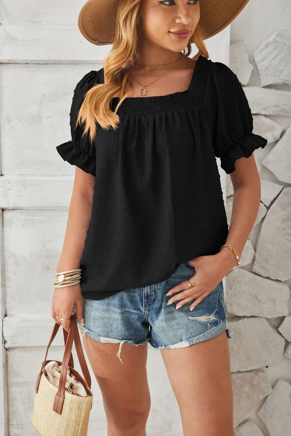 Swiss Dot Smocked Square Neck Short Sleeve Top (5 Colors)