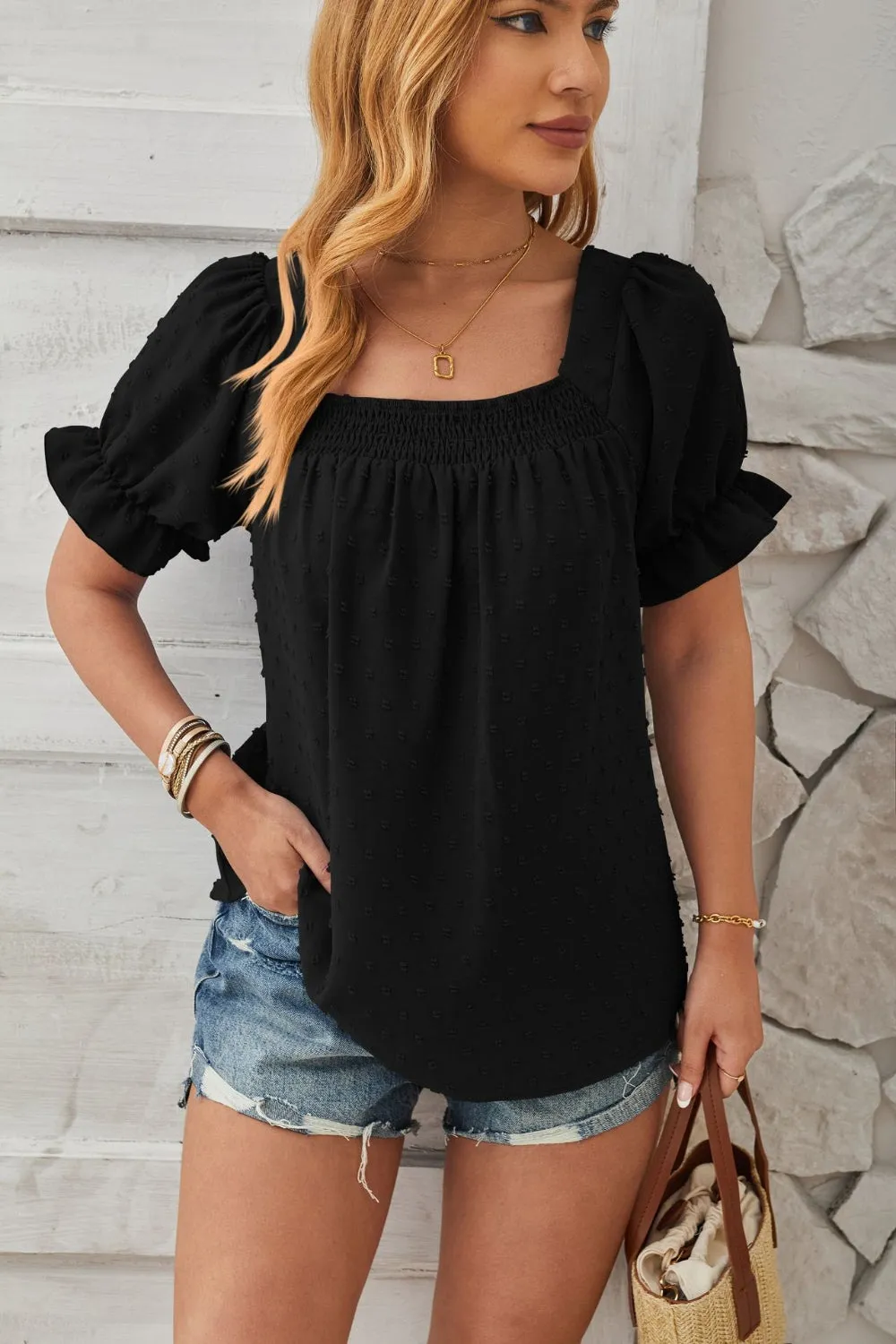 Swiss Dot Smocked Square Neck Short Sleeve Top (5 Colors)