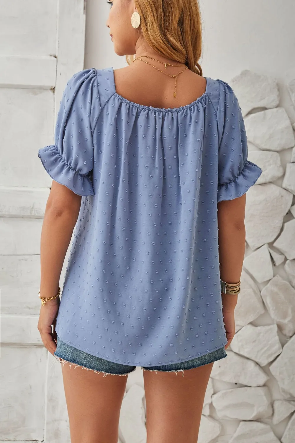 Swiss Dot Smocked Square Neck Short Sleeve Top (5 Colors)