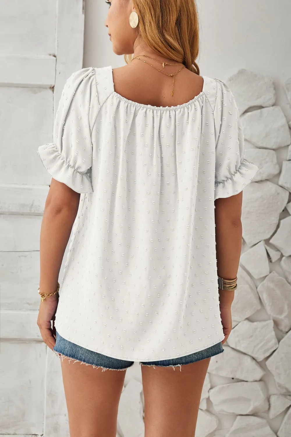 Swiss Dot Smocked Square Neck Short Sleeve Top (5 Colors)