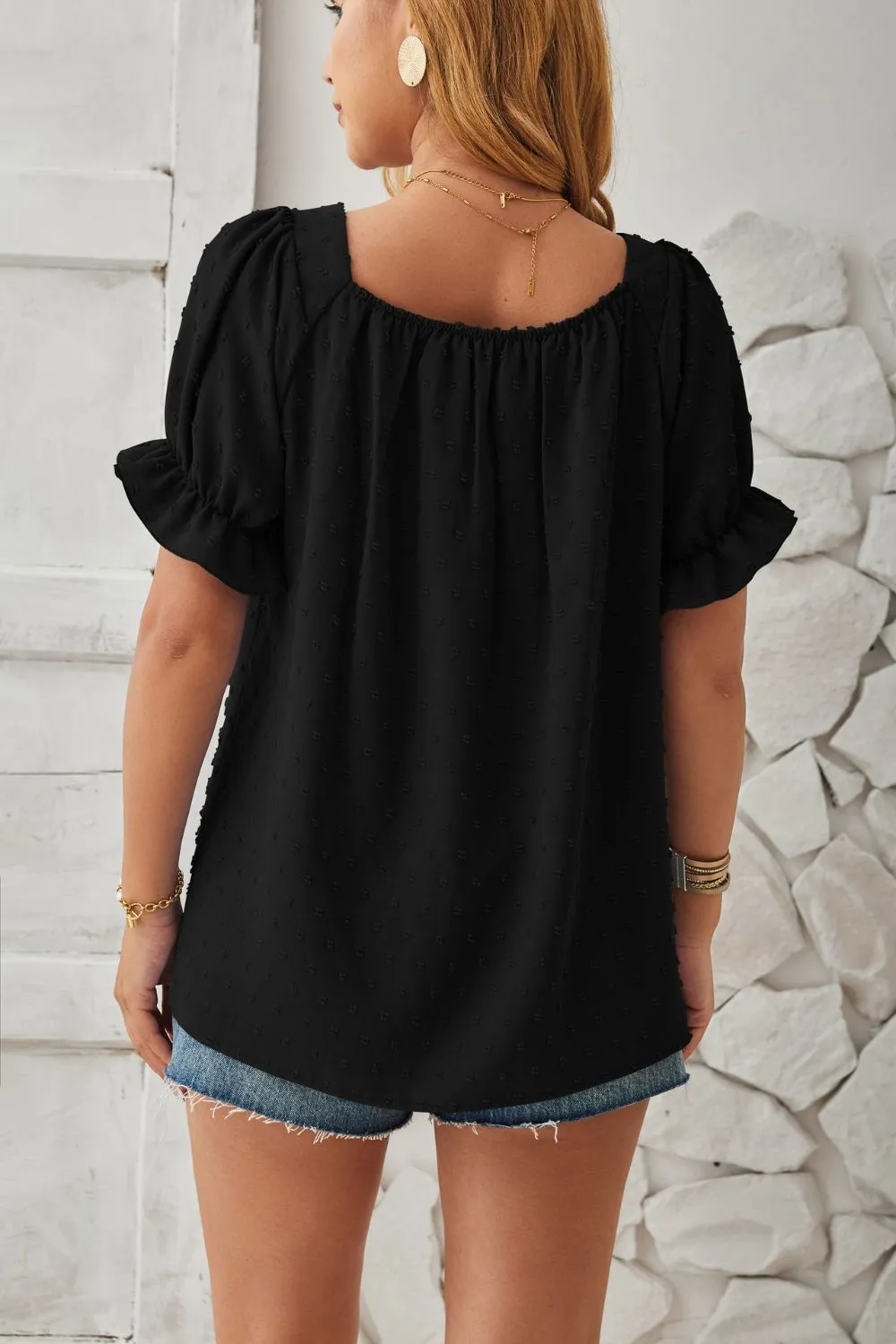 Swiss Dot Smocked Square Neck Short Sleeve Top (5 Colors)