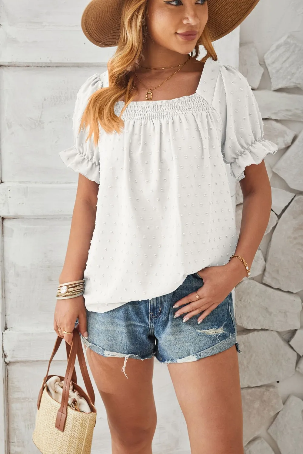 Swiss Dot Smocked Square Neck Short Sleeve Top (5 Colors)