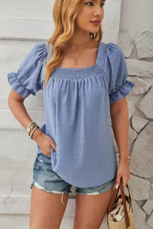 Swiss Dot Smocked Square Neck Short Sleeve Top (5 Colors)