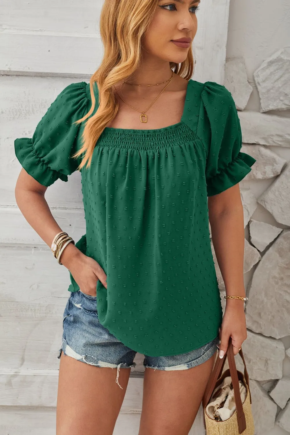 Swiss Dot Smocked Square Neck Short Sleeve Top (5 Colors)