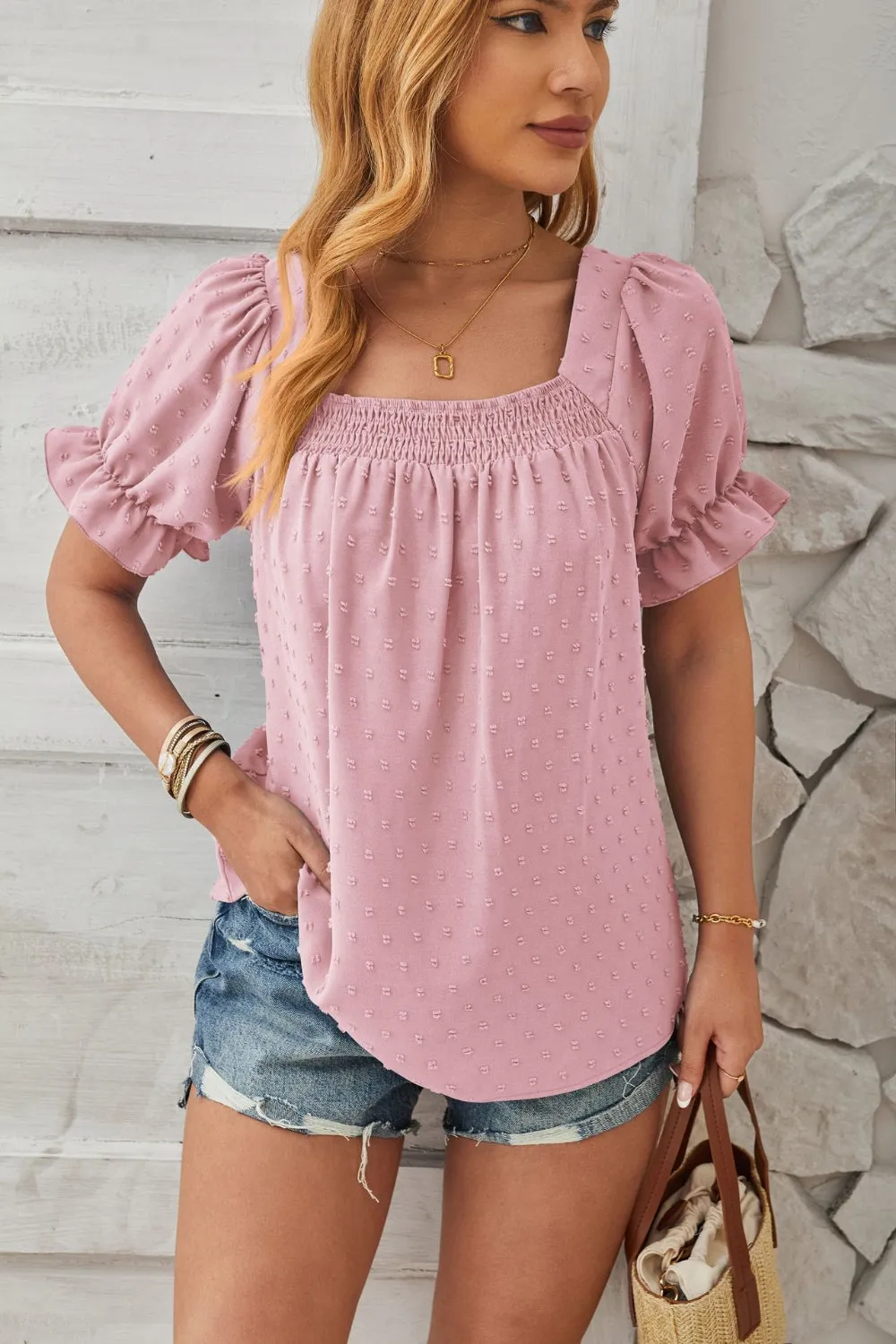 Swiss Dot Smocked Square Neck Short Sleeve Top (5 Colors)