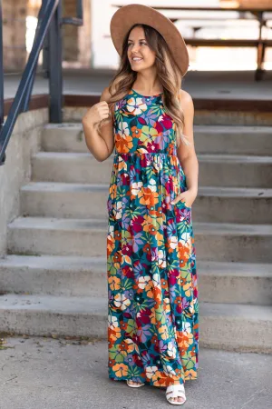 Teal and Orange Multicolor Floral Maxi Dress