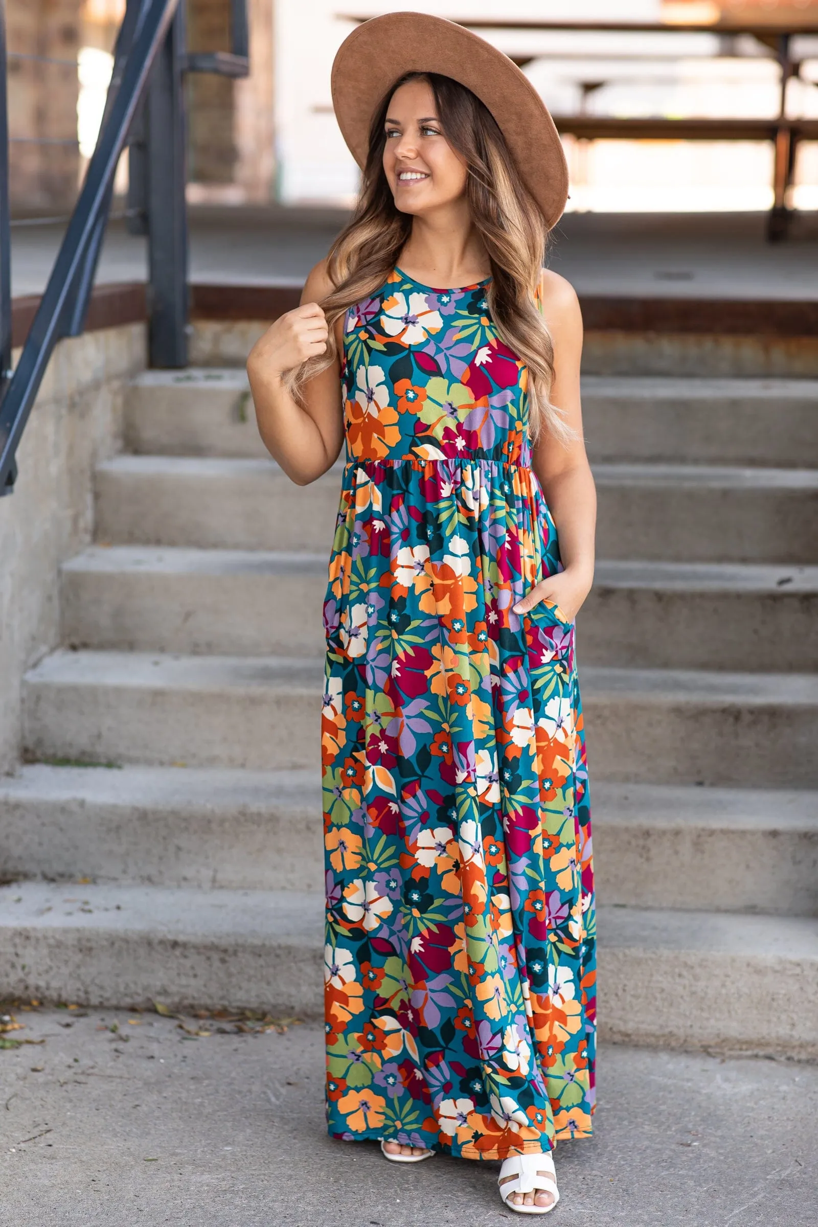 Teal and Orange Multicolor Floral Maxi Dress