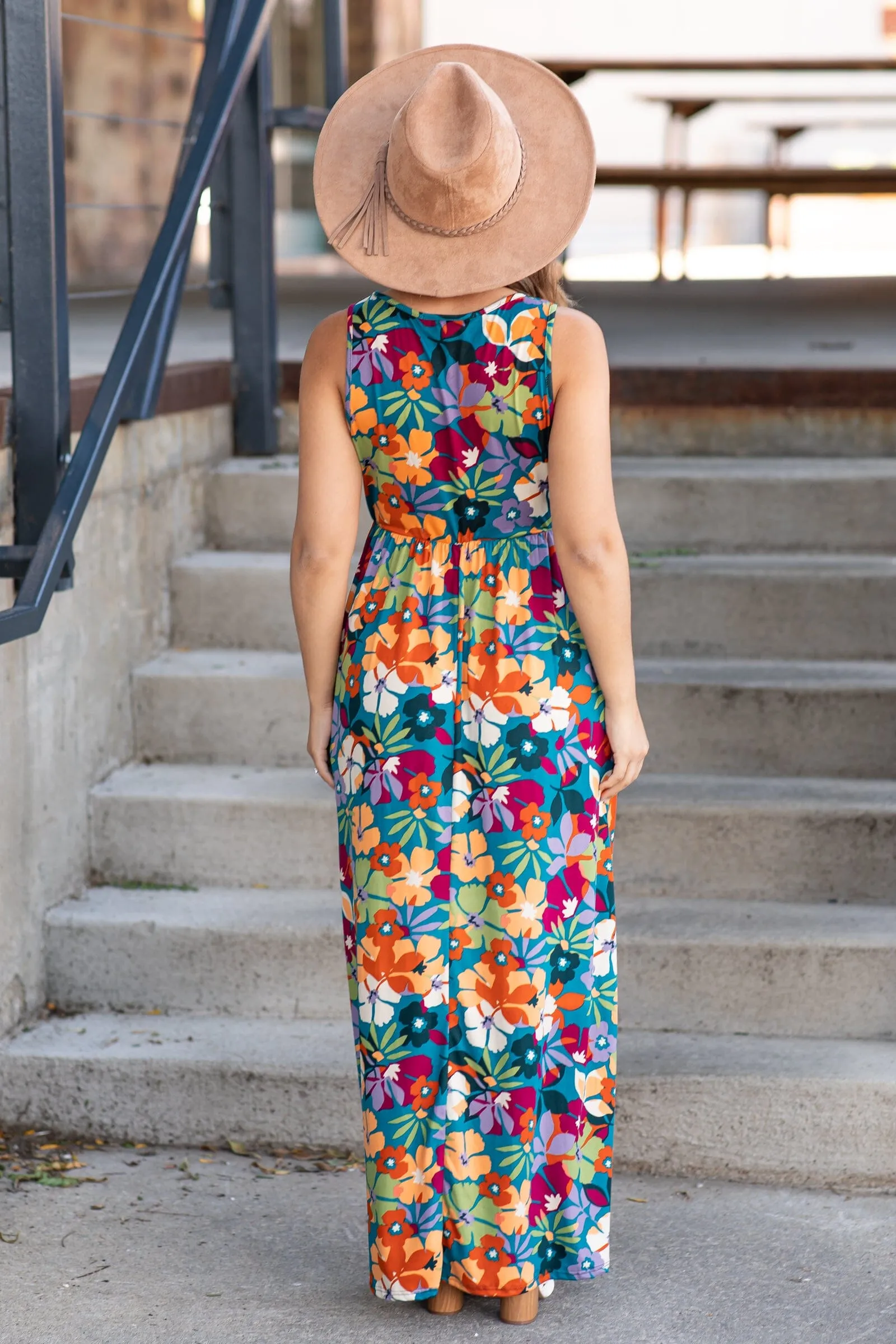 Teal and Orange Multicolor Floral Maxi Dress