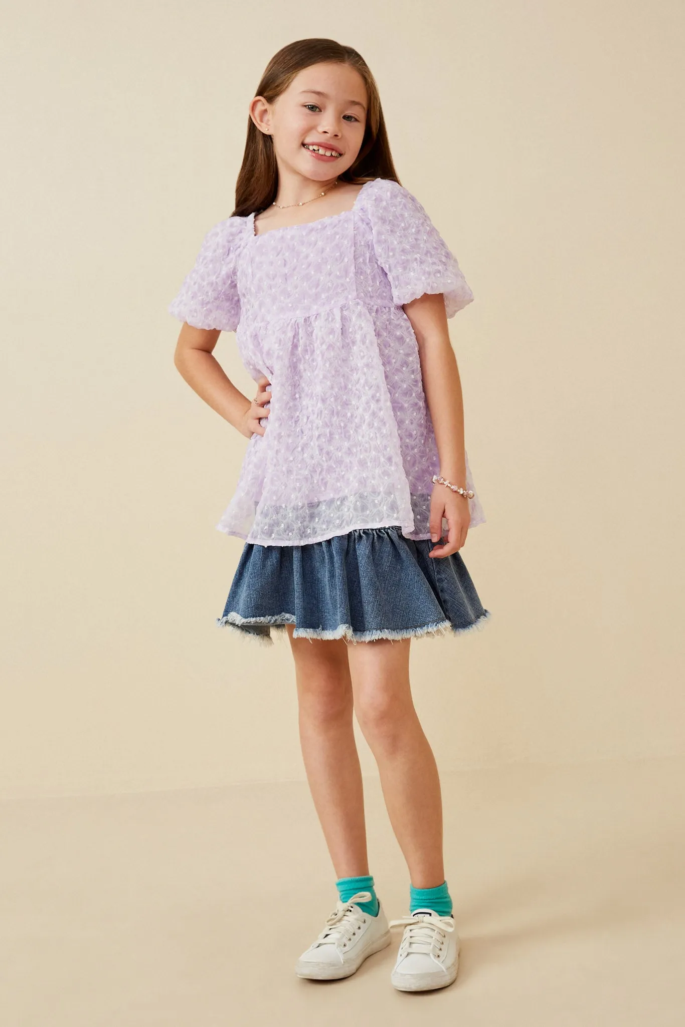 Textured Swiss Dot Trumpet Sleeve Top