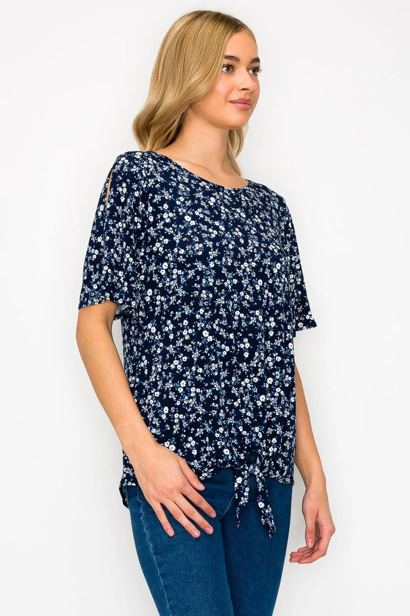 Tie Front Round Neck Short Sleeve Blouse