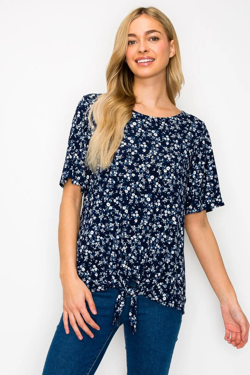 Tie Front Round Neck Short Sleeve Blouse