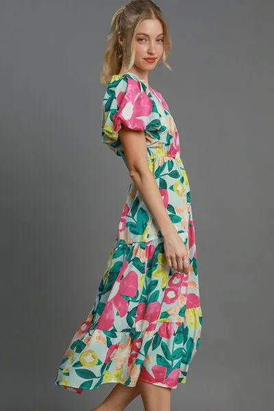 Tiered Multicolor Floral Print Notched Puff Sleeve Midi Dress – Shop the 2025 Style Trend
