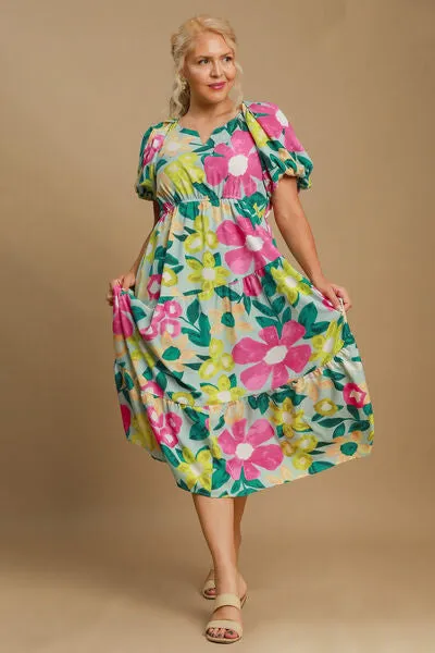 Tiered Multicolor Floral Print Notched Puff Sleeve Midi Dress – Shop the 2025 Style Trend