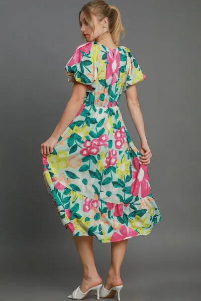 Tiered Multicolor Floral Print Notched Puff Sleeve Midi Dress – Shop the 2025 Style Trend
