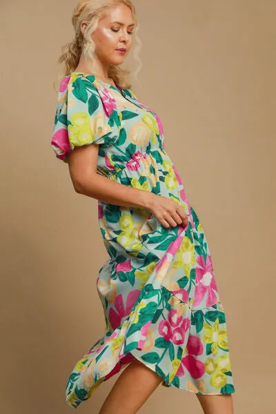 Tiered Multicolor Floral Print Notched Puff Sleeve Midi Dress – Shop the 2025 Style Trend