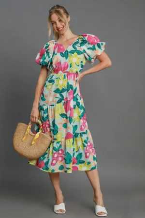 Tiered Multicolor Floral Print Notched Puff Sleeve Midi Dress – Shop the 2025 Style Trend