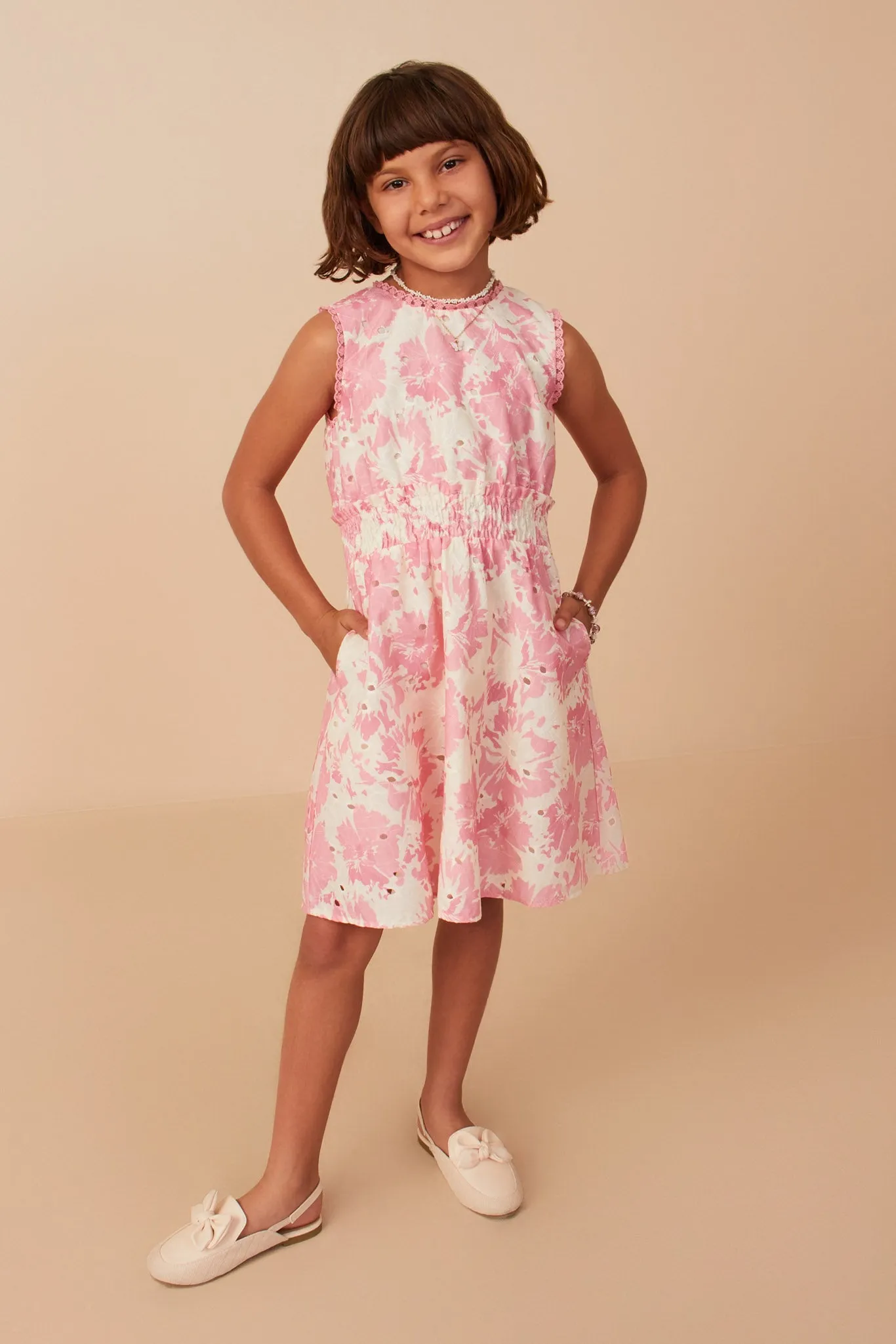 Tonal Floral Print Smocked Waist Lace Trim Dress