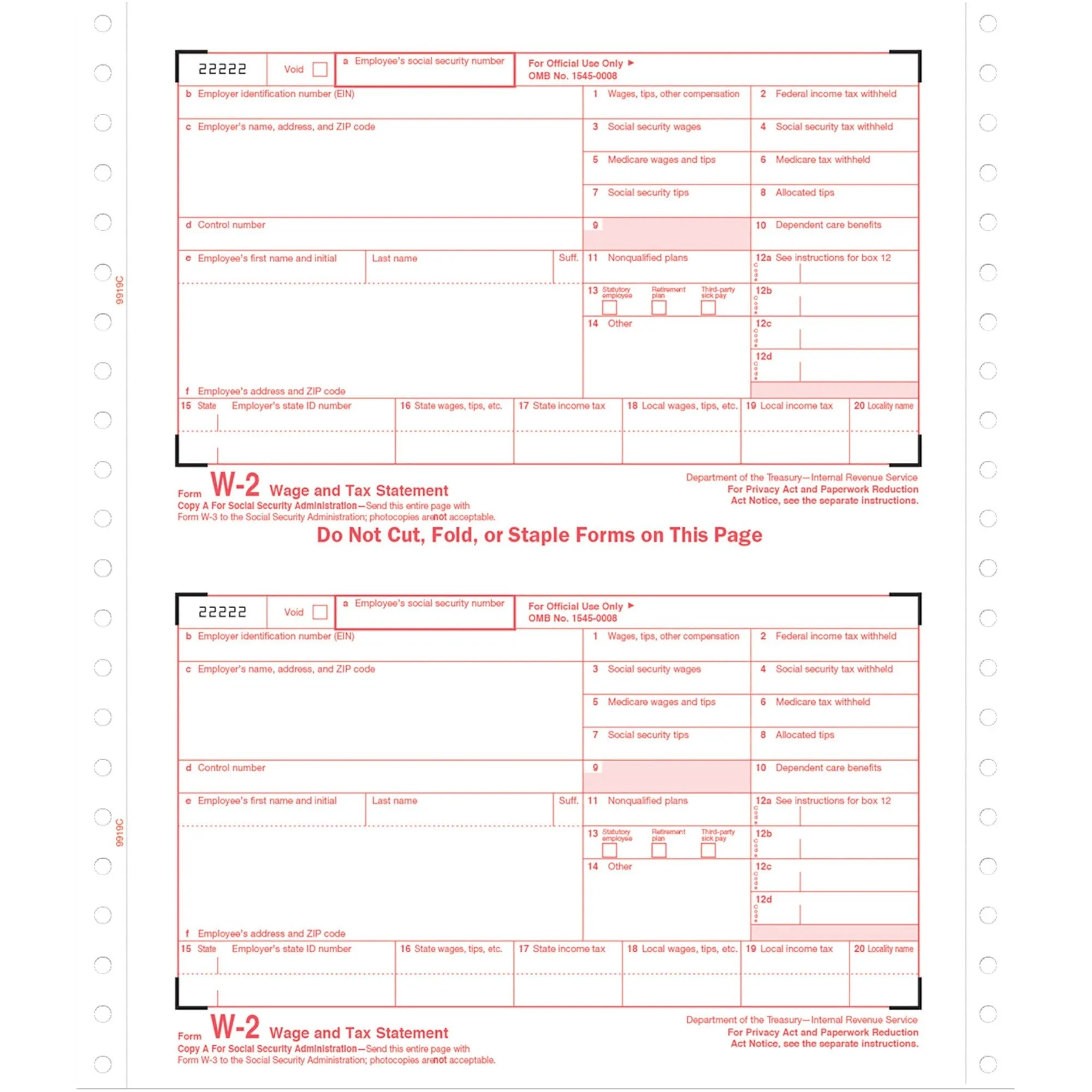 TOPS Carbonless Standard W-2 Tax Forms